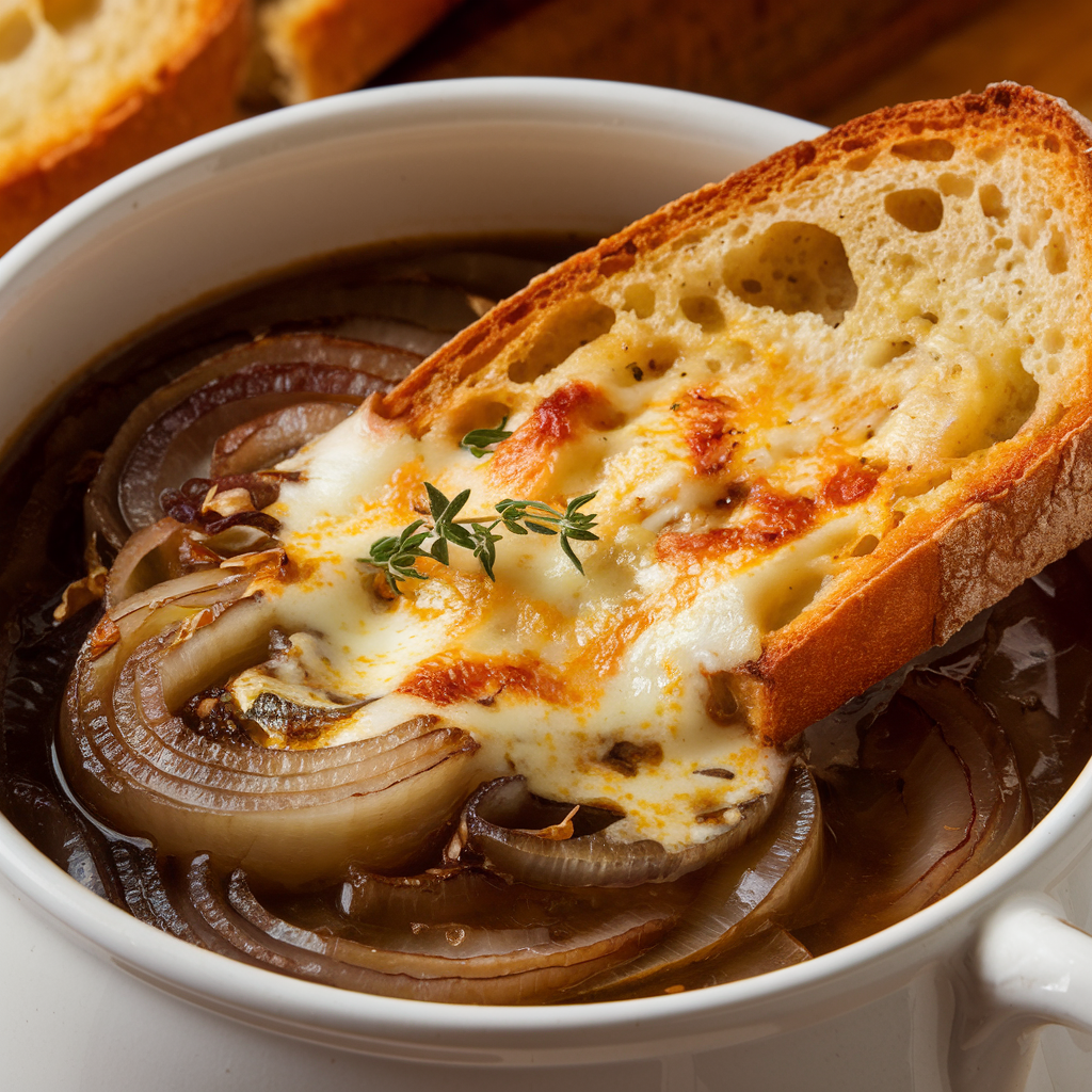 A bowl of Classic French Onion Soup topped with melted Gruyère cheese and toasted baguette slices, served hot.