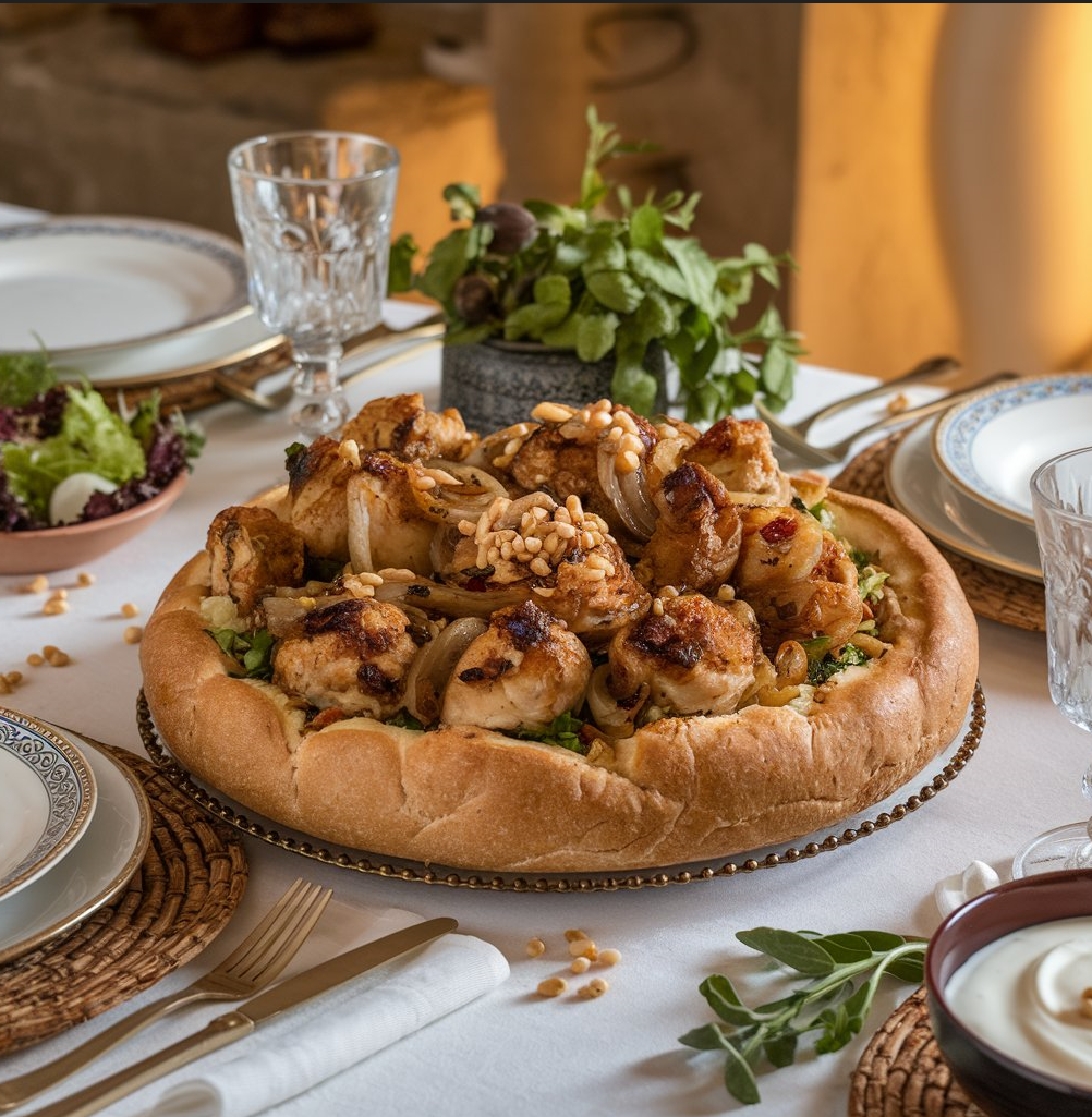 A flat lay of ingredients for Palestinian Chicken Recipe (Musakhan), including chicken pieces, sumac spice, sliced onions, olive oil, taboon bread, pine nuts, and fresh parsley, arranged on a rustic wooden surface with a clay pot and wooden spoon for a traditional Palestinian touch.