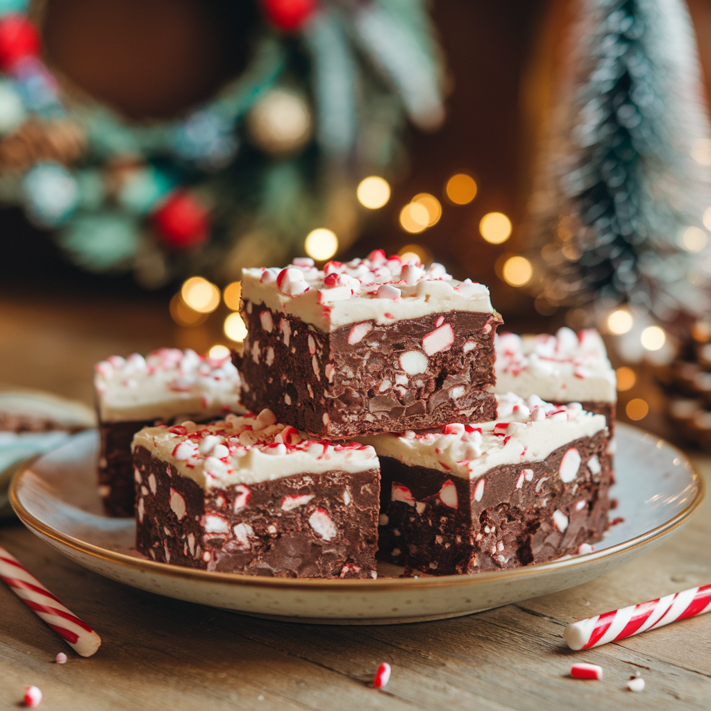 A stack of rich peppermint brownies with a glossy chocolate topping and crushed peppermint candy garnish.