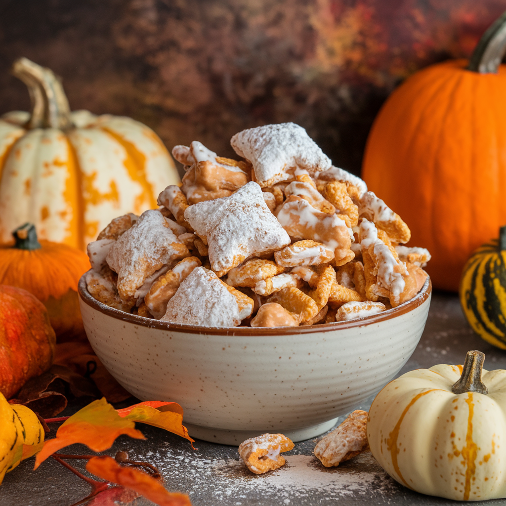 A bowl filled with Pumpkin Spice Puppy Chow made with Cinnamon Chex cereal, white chocolate, and powdered sugar, perfect for fall