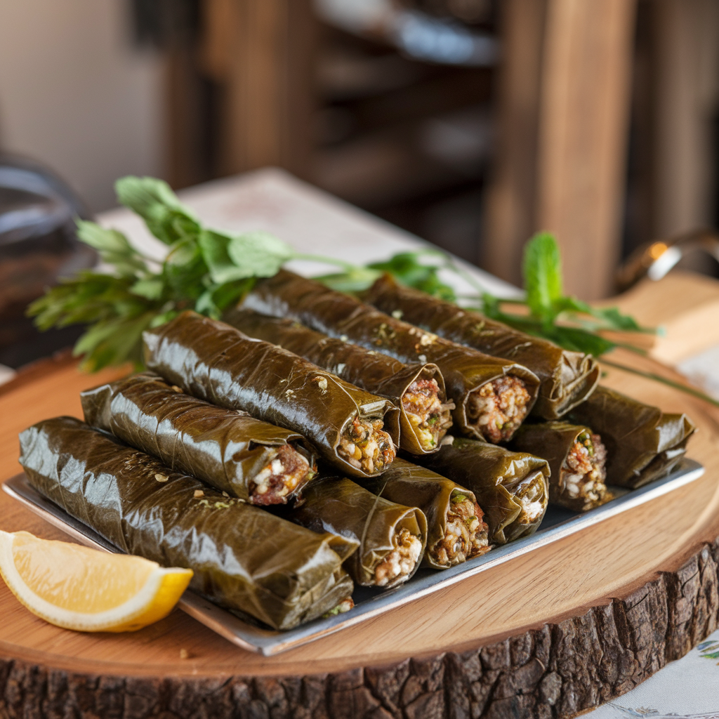 Authentic Palestinian Grape Leaves Recipe served on a platter with lemon slices and parsley garnish.