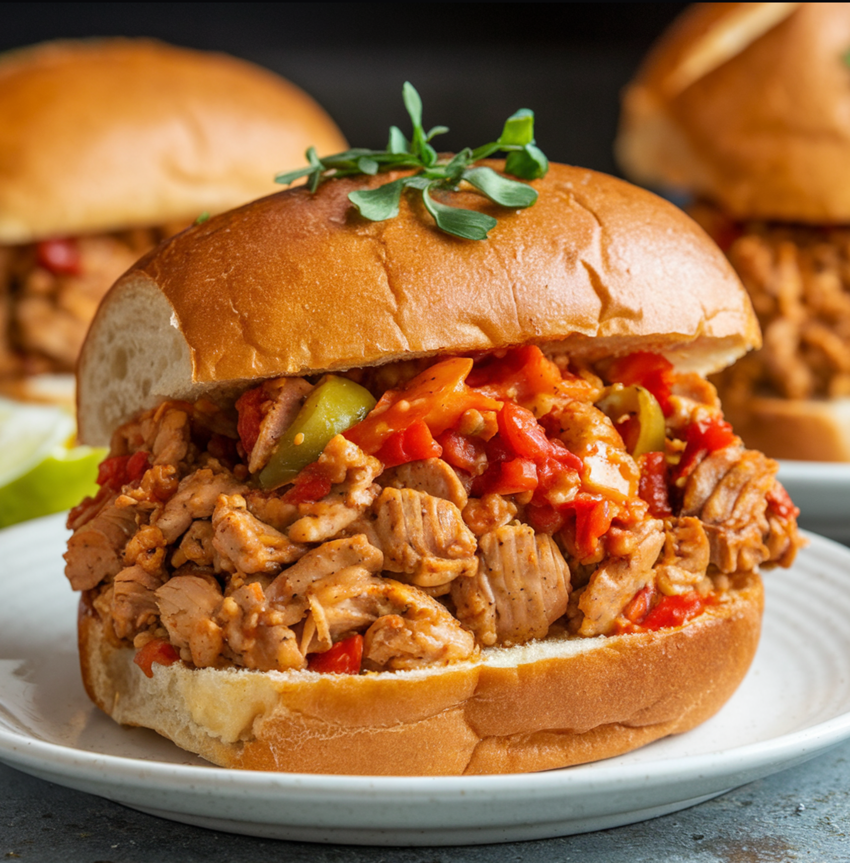 A plate of Delicious Cajun Chicken Sloppy Joes served on toasted buns, topped with shredded cheese and jalapeños, showcasing a bold, flavor-packed comfort food twist