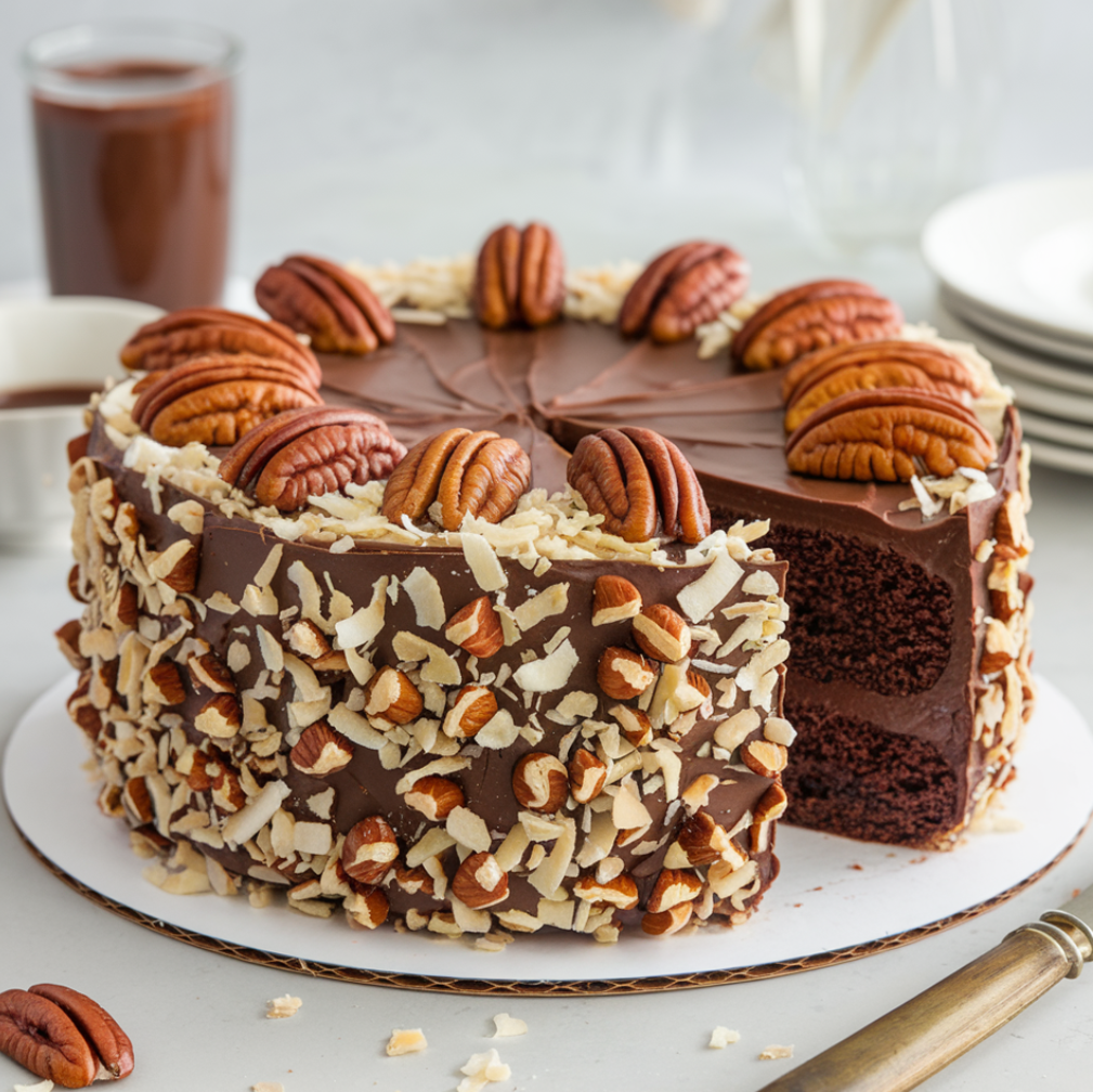 A moist and rich German Chocolate Pecan Pound Cake topped with a glossy chocolate glaze and sprinkled with toasted pecans