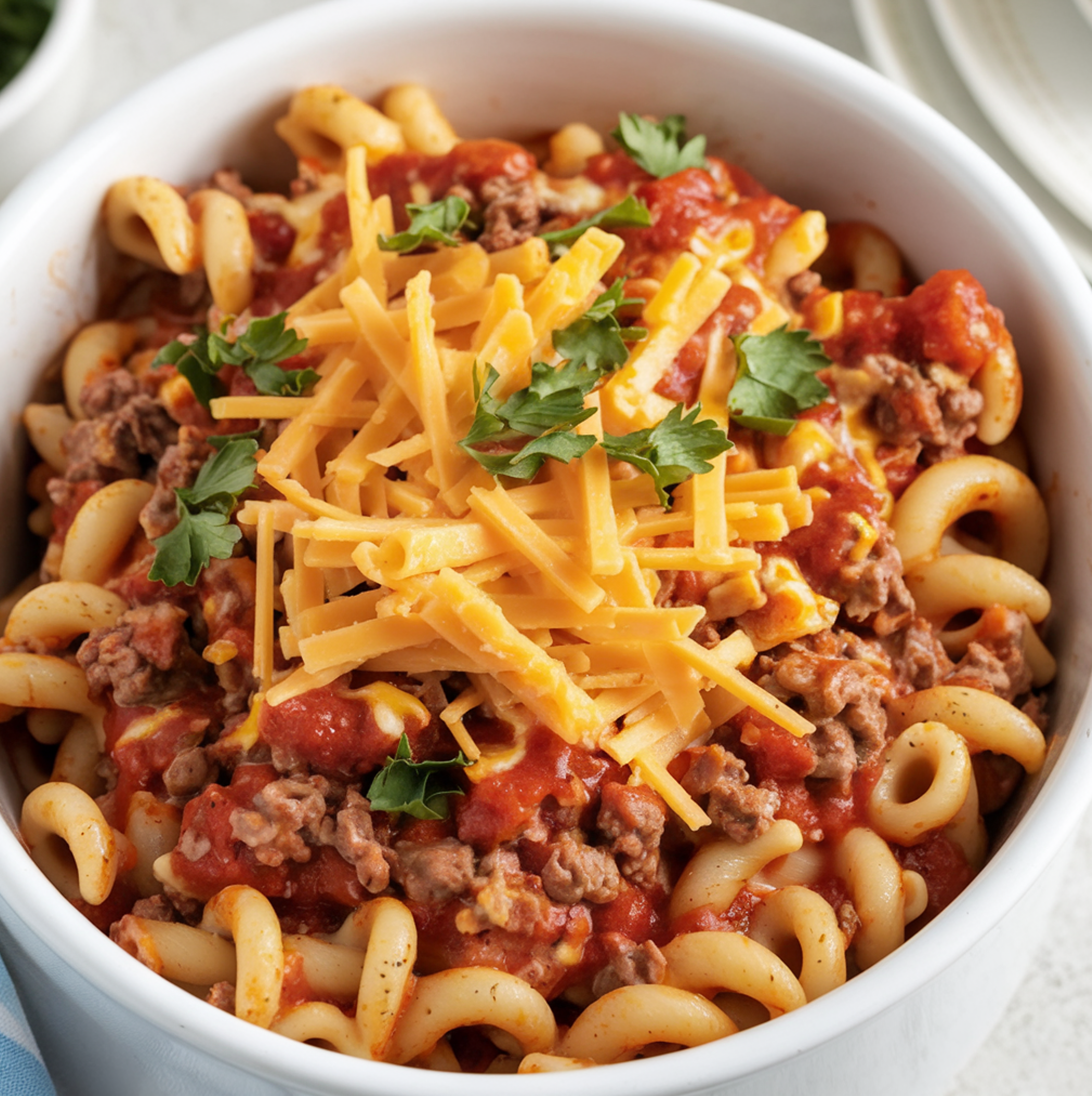 A bowl of creamy Crockpot Cheesy Beef Pasta garnished with fresh parsley, showcasing tender pasta, savory beef, and melted cheese