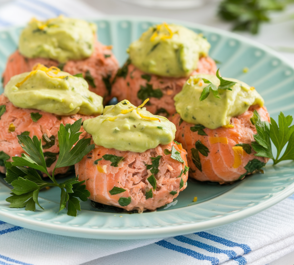 Healthy salmon recipes featuring baked salmon meatballs drizzled with creamy avocado sauce and served with quinoa and fresh greens.