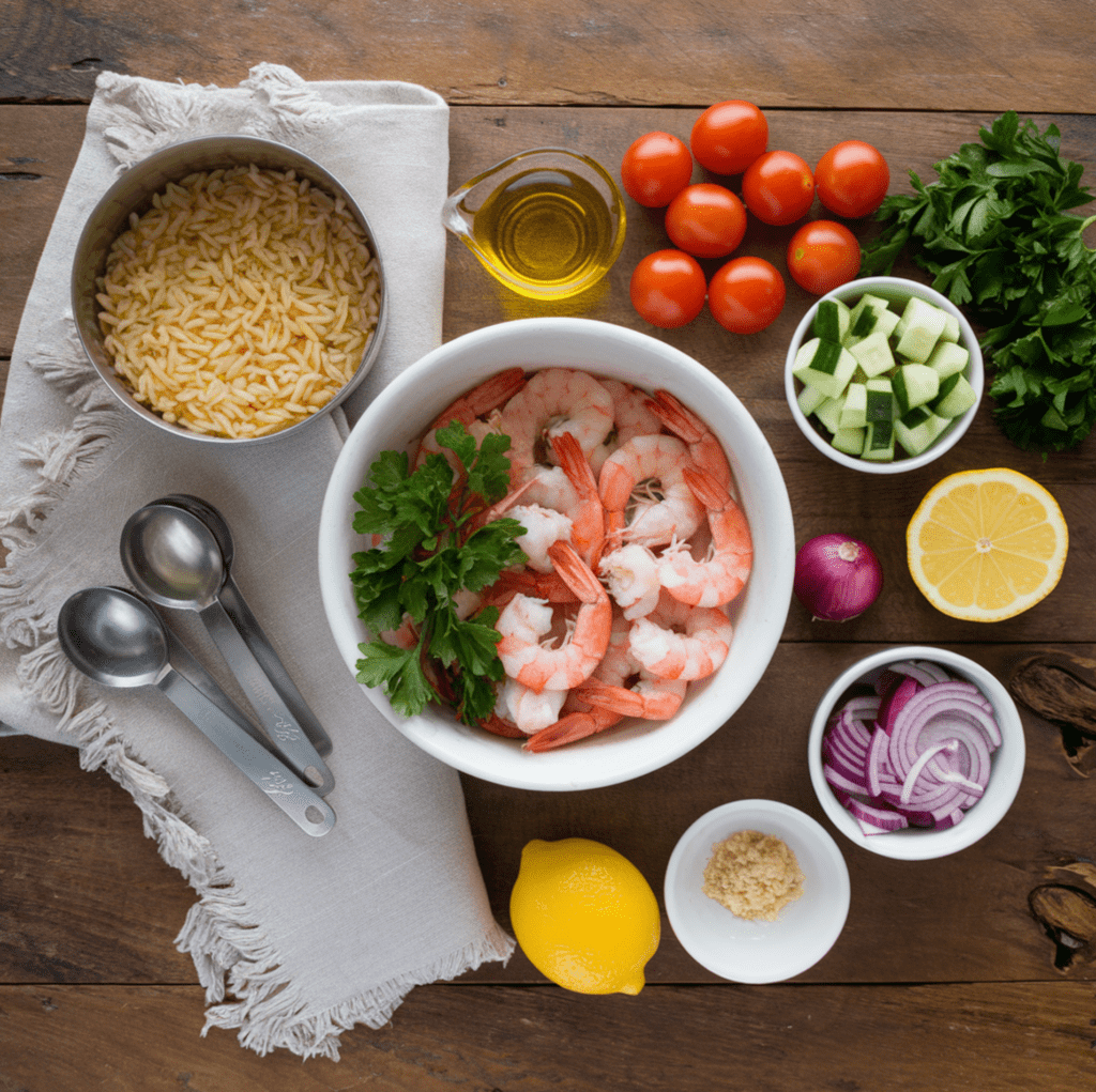 A fresh shrimp orzo salad served in a bowl with Mediterranean herbs and lemon dressing.