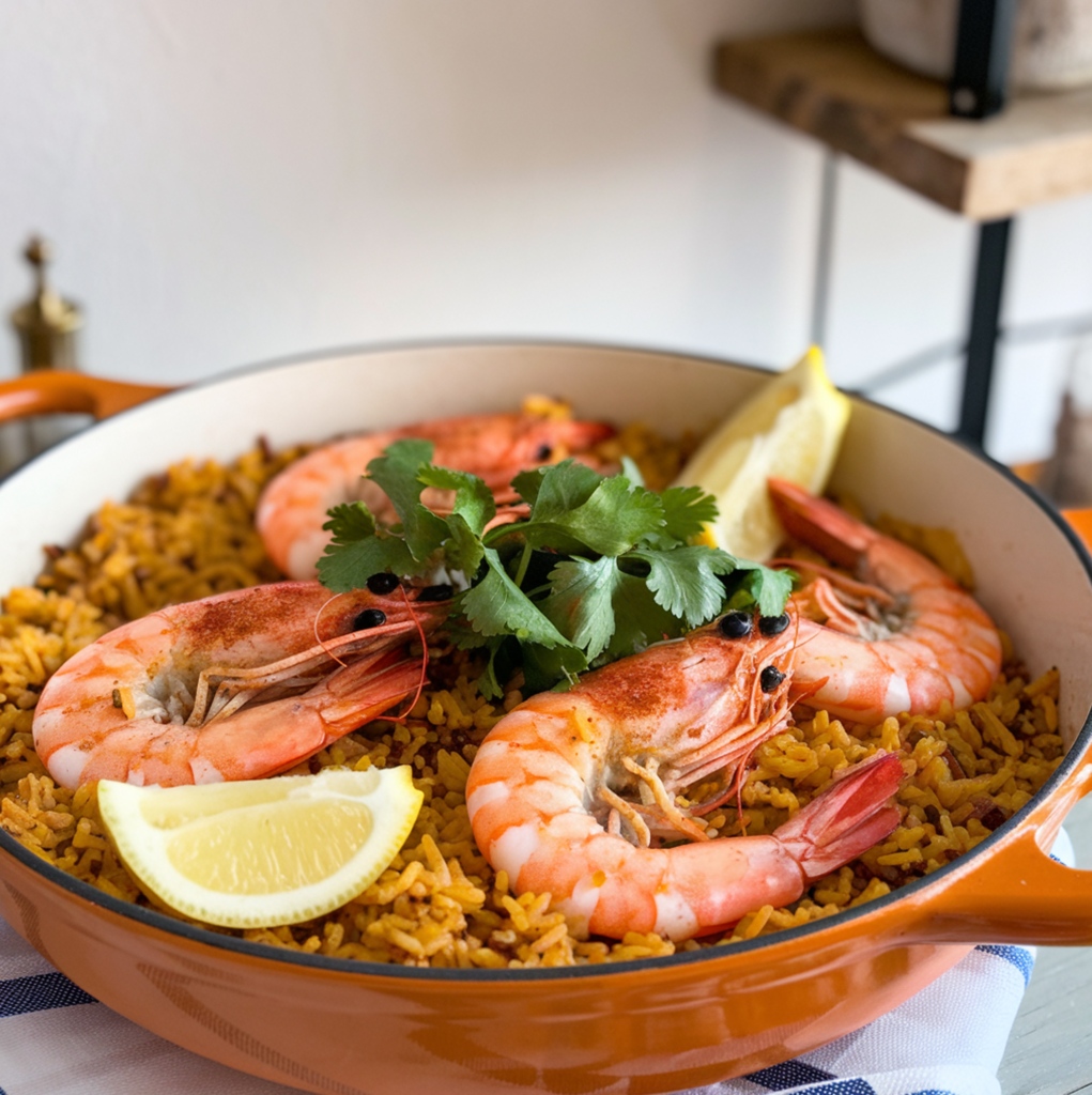 A flavorful bowl of shrimp rice garnished with fresh herbs, served with lemon wedges on the side.