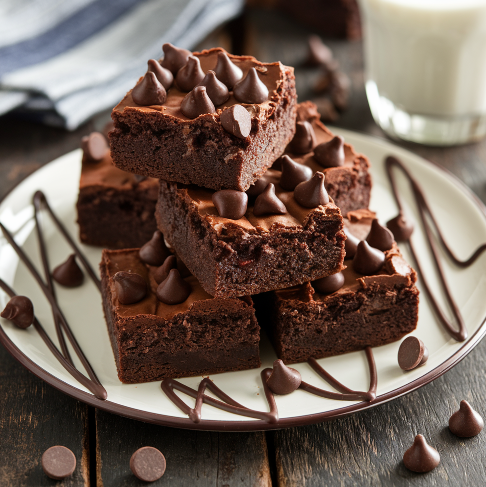 A close-up of rich, fudgy chocolate brownies topped with glossy chocolate chips, placed on a rustic wooden table with a glass of milk and a napkin in the background. The brownies have a cracked top and a decadent texture, perfect for a dessert lover.