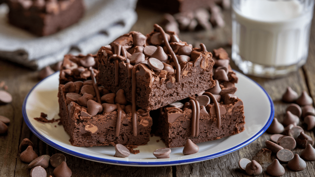 A close-up of rich, fudgy chocolate brownies topped with glossy chocolate chips, placed on a rustic wooden table with a glass of milk and a napkin in the background. The brownies have a cracked top and a decadent texture, perfect for a dessert lover.