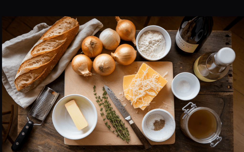 A flat lay of ingredients for Classic French Onion Soup, including golden onions, a stick of butter, fresh thyme sprigs, sliced baguette rounds, Gruyère cheese, a bowl of flour, a bottle of white wine, beef broth in a glass jar, and salt and pepper, arranged on a rustic wooden surface with warm, cozy lighting.