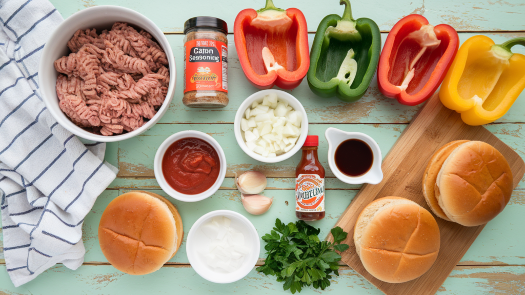 A flat lay of ingredients for Cajun Chicken Sloppy Joes, including ground chicken, Cajun seasoning, diced bell peppers, onions, garlic cloves, tomato paste, Worcestershire sauce, hot sauce, hamburger buns, and fresh parsley, displayed on a rustic wooden surface with a striped kitchen towel and cutting board.