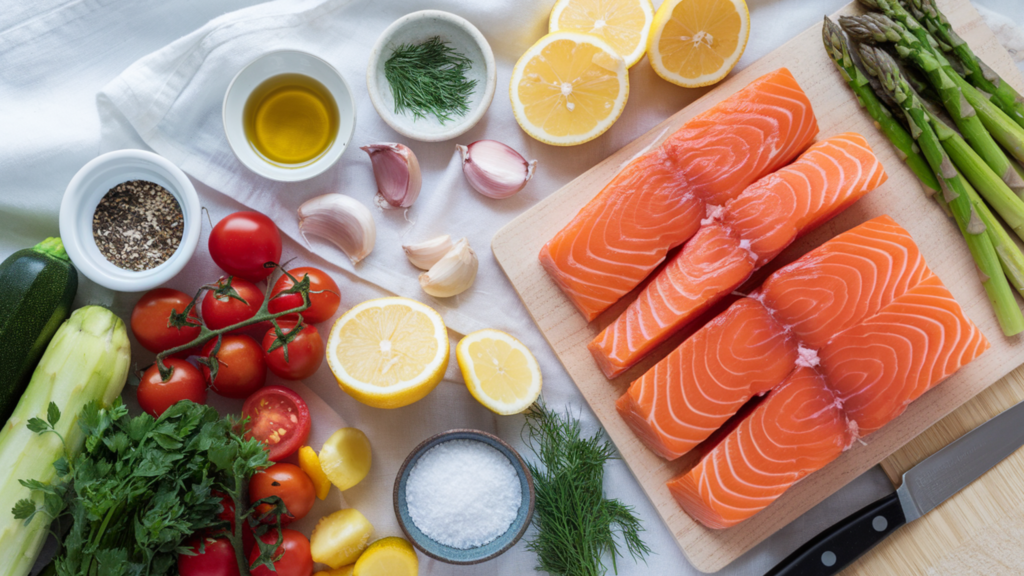 A flat lay of ingredients for healthy salmon recipes, including fresh salmon fillets, olive oil, lemon slices, garlic cloves, dill sprigs, ground black pepper, sea salt, asparagus, cherry tomatoes, and zucchini, arranged on a wooden board with a knife and lemon juicer nearby