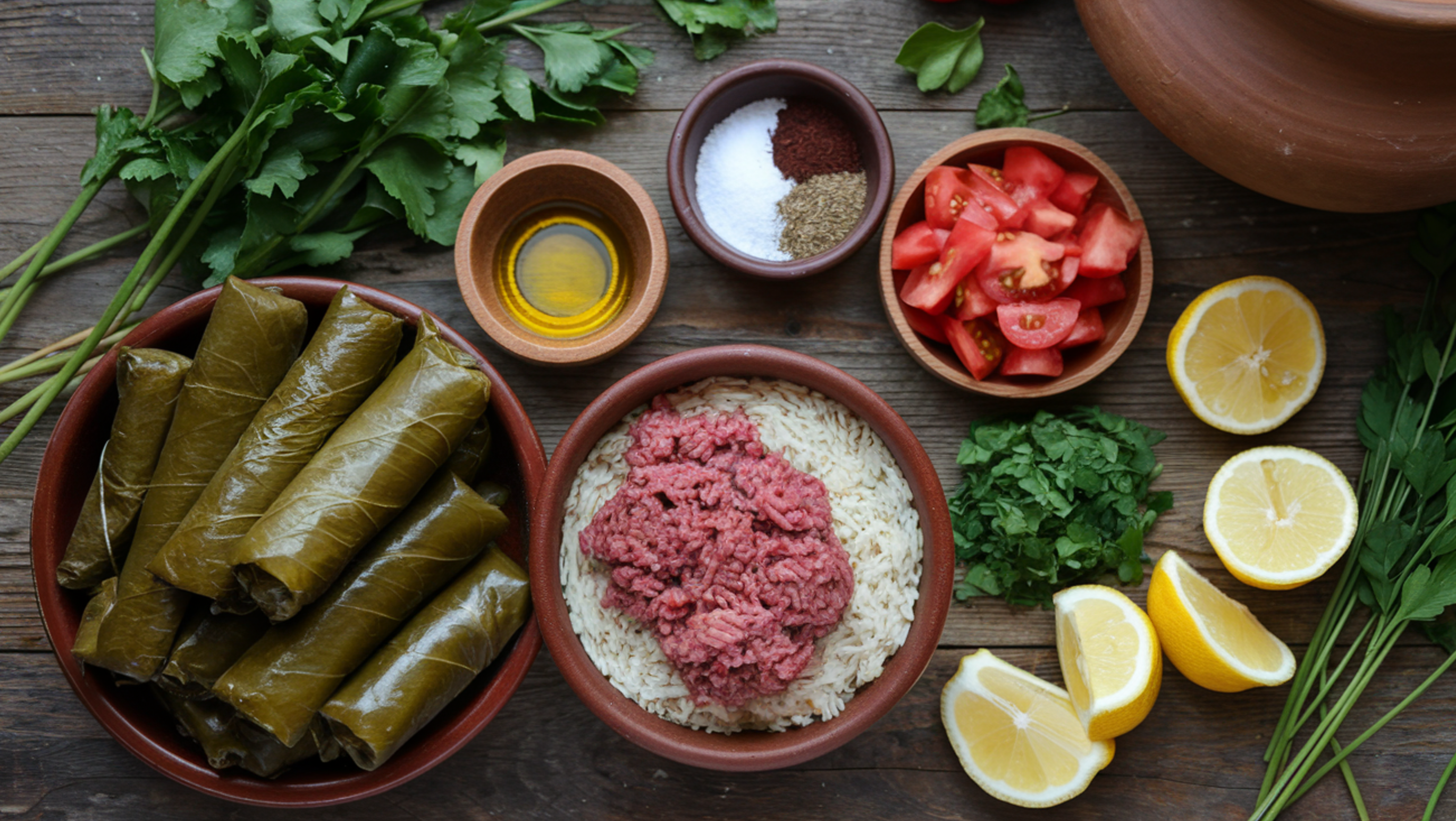 A flat lay of ingredients for Palestinian Stuffed Grape Leaves (Waraa Inab), including fresh grape leaves, a rice and meat mixture, diced tomatoes, chopped parsley, minced garlic, lemon slices, olive oil, and spices, arranged on a rustic wooden surface with a clay pot and fresh herbs in the background.