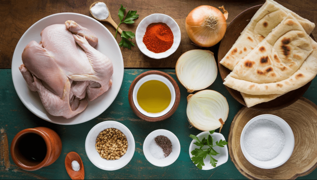 A flat lay of ingredients for Palestinian Chicken Recipe (Musakhan), including chicken pieces, sumac spice, sliced onions, olive oil, taboon bread, pine nuts, and fresh parsley, arranged on a rustic wooden surface with a clay pot and wooden spoon for a traditional Palestinian touch.