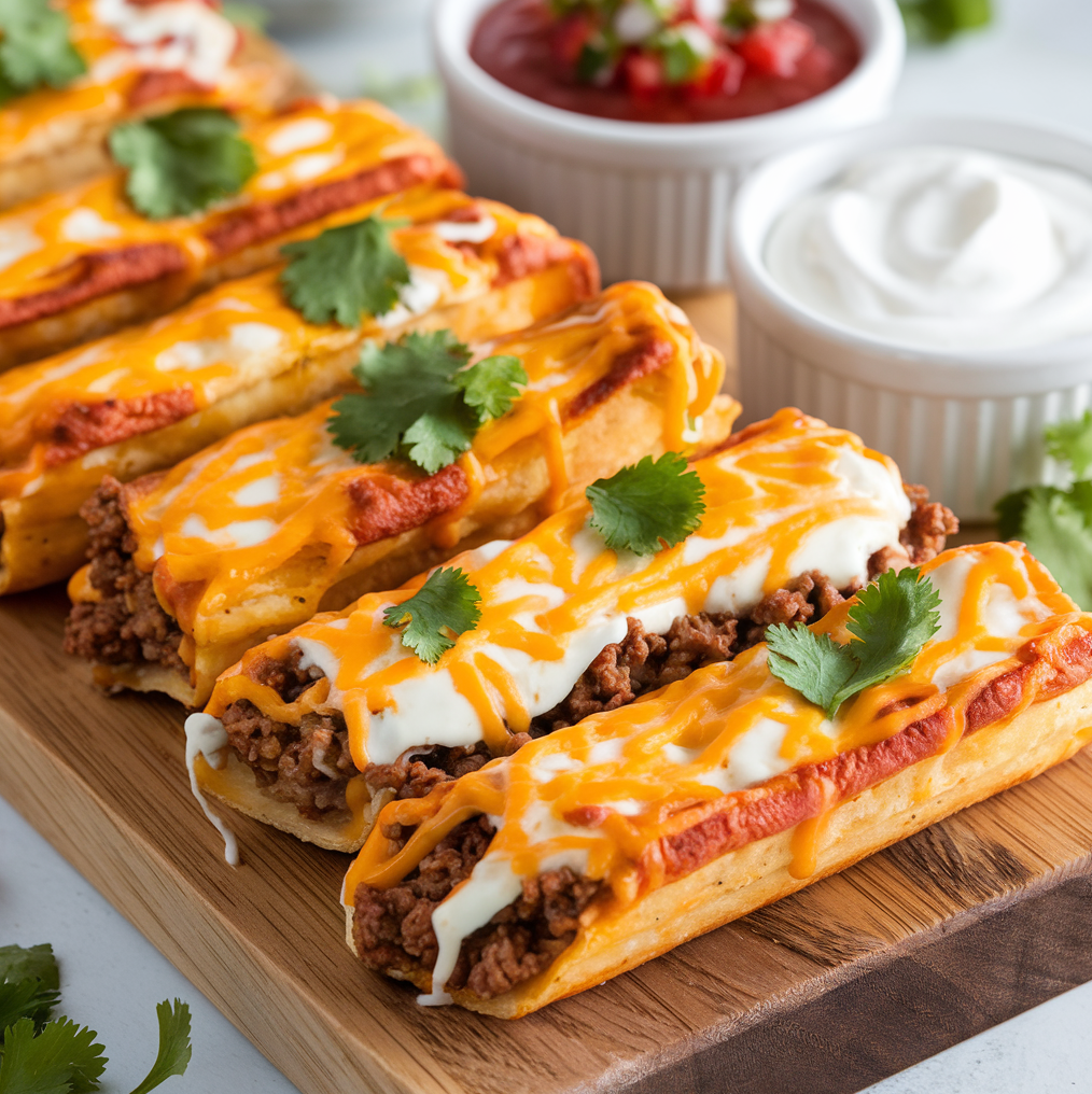 Golden cheesy taco sticks on a plate, served with a side of salsa and guacamole.