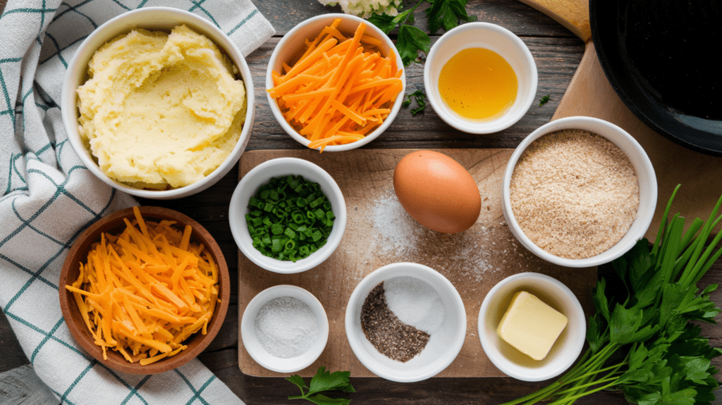 A flat lay of ingredients for Potato Cakes, including mashed potatoes, shredded cheese, green onions, an egg, breadcrumbs, salt, pepper, and butter, arranged on a rustic wooden surface with a skillet and a spatula nearby.