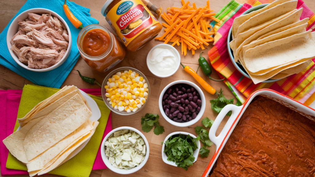 A flat lay of ingredients for Enchilada Chicken Casserole, including shredded chicken, enchilada sauce, corn tortillas, shredded cheese, black beans, green chilies, frozen corn, and chopped cilantro, arranged on a wooden surface with a baking dish and festive decorations.