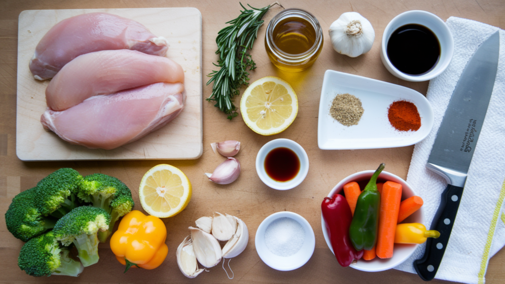 A flat lay of ingredients for easy chicken recipes, including boneless chicken breasts, olive oil, garlic cloves, lemon slices, fresh herbs, honey, soy sauce, and a bowl of mixed vegetables, arranged on a wooden cutting board with a chef's knife and a kitchen towel.