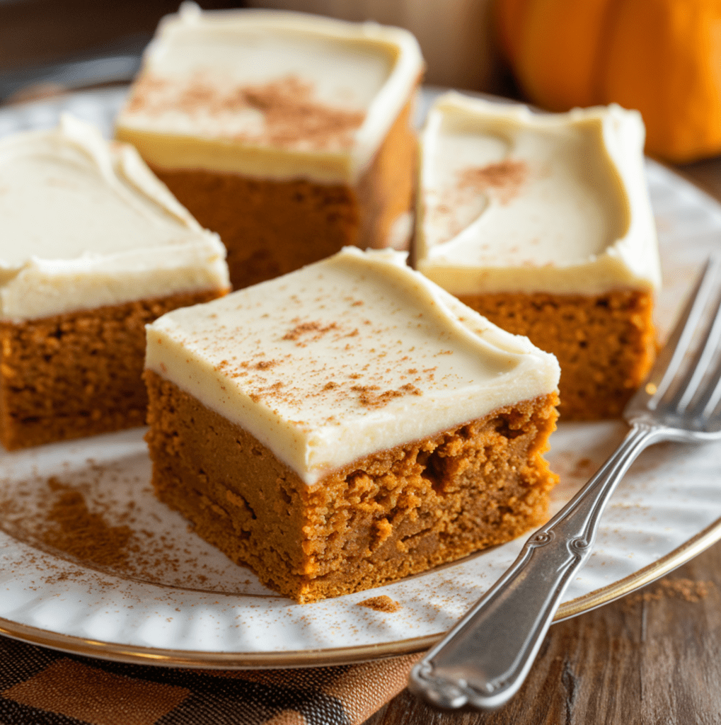 A flat lay of ingredients for Pumpkin Bars with Cream Cheese, including pumpkin puree, cream cheese, sugars, flour, eggs, vanilla extract, cinnamon, nutmeg, baking powder, and powdered sugar, displayed on a rustic wooden surface with fall decorations like pumpkins and autumn leaves.