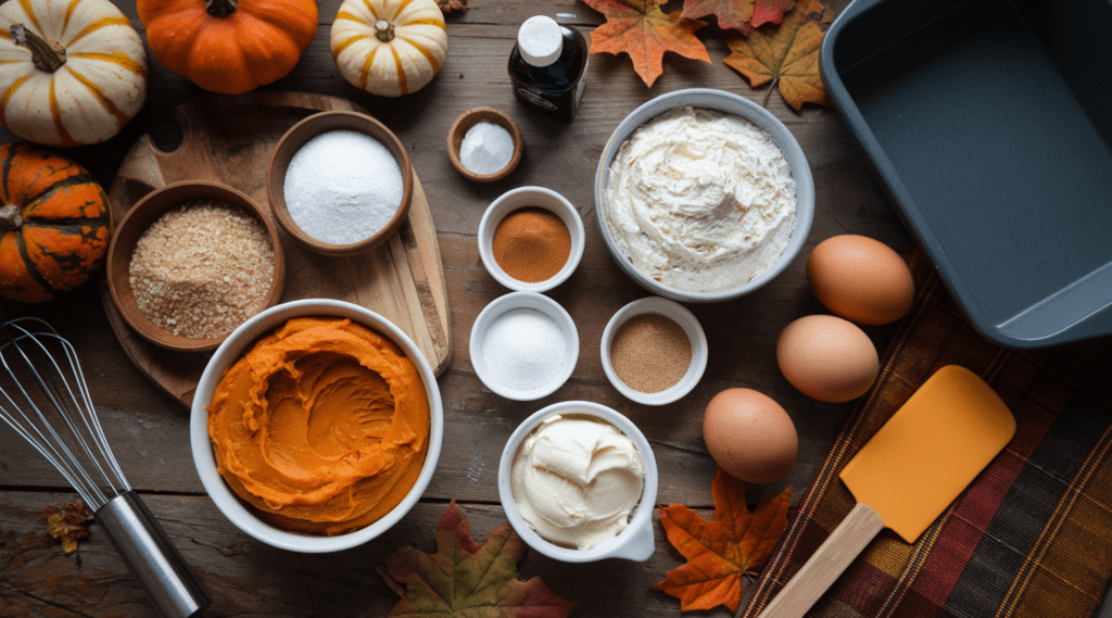 A flat lay of ingredients for Pumpkin Bars with Cream Cheese, including pumpkin puree, cream cheese, sugars, flour, eggs, vanilla extract, cinnamon, nutmeg, baking powder, and powdered sugar, displayed on a rustic wooden surface with fall decorations like pumpkins and autumn leaves