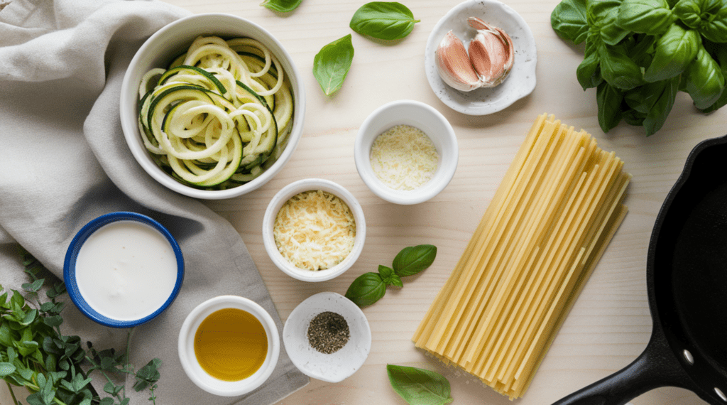 A flat lay of ingredients for Creamy Zucchini Pasta, including zucchini spirals, pasta, heavy cream, Parmesan cheese, garlic, olive oil, basil leaves, salt, and pepper, arranged on a wooden surface with a skillet and a wooden spoon nearby.