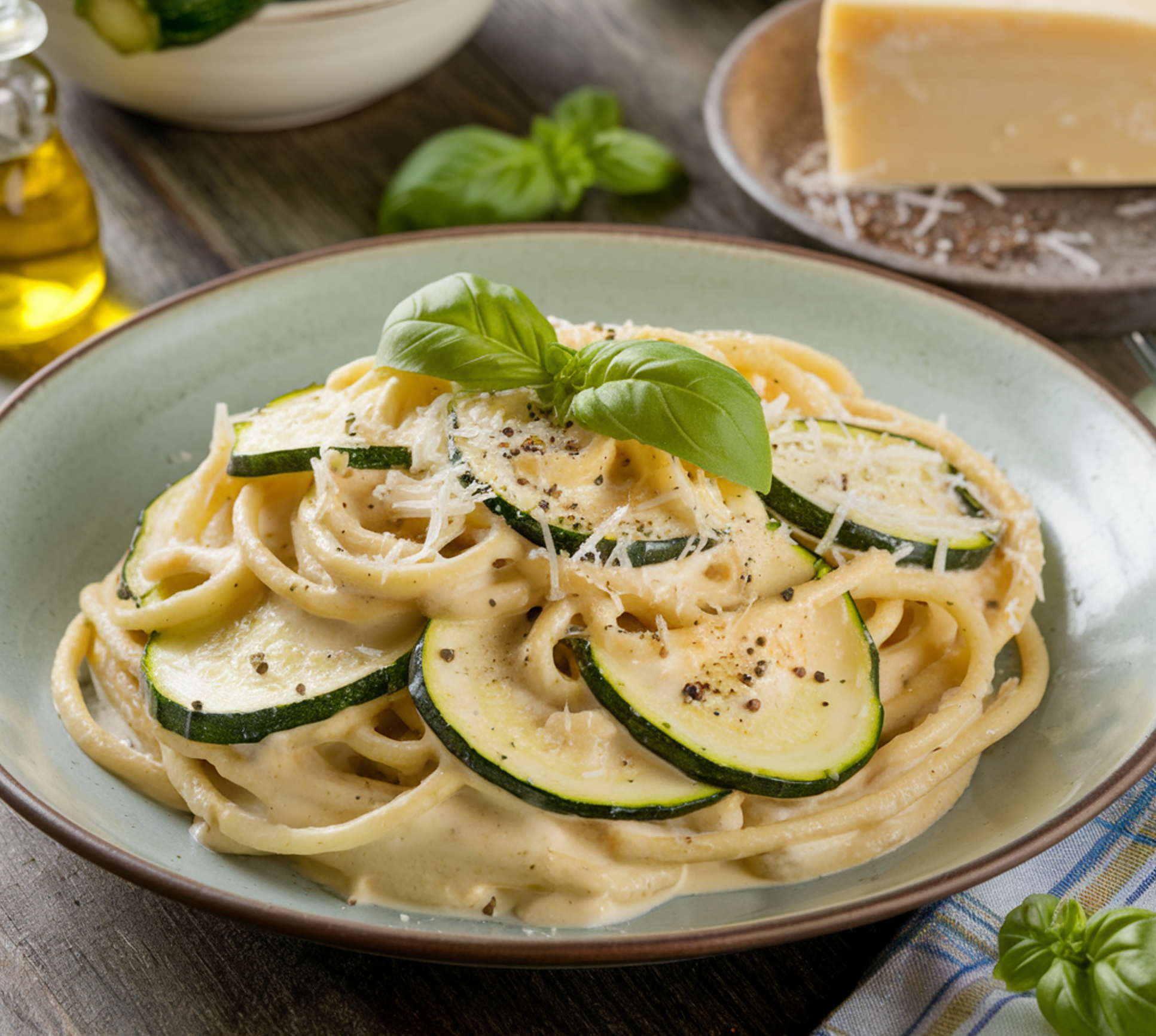 A flat lay of ingredients for Creamy Zucchini Pasta, including zucchini spirals, pasta, heavy cream, Parmesan cheese, garlic, olive oil, basil leaves, salt, and pepper, arranged on a wooden surface with a skillet and a wooden spoon nearby.