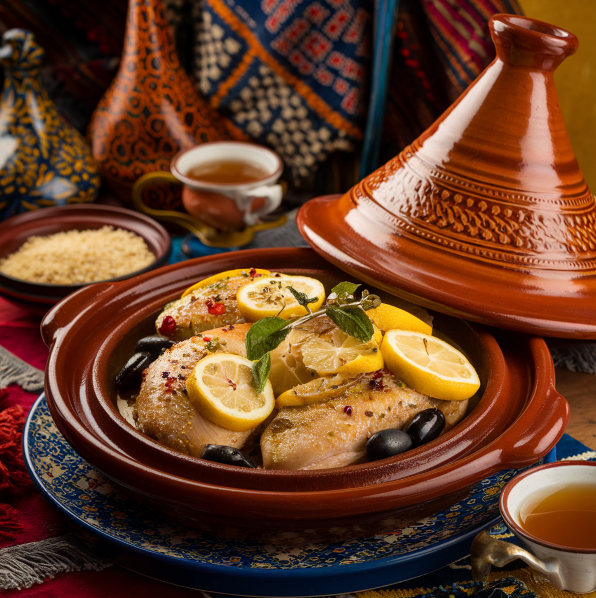 A flat lay of ingredients for Moroccan Lemon Chicken Tagine, including chicken pieces, preserved lemons, green olives, spices, garlic, onions, cilantro, olive oil, and saffron, arranged on a wooden surface with a tagine pot and Moroccan-themed decorations in the background.