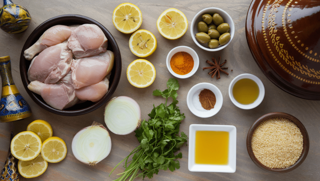 A flat lay of ingredients for Moroccan Lemon Chicken Tagine, including chicken pieces, preserved lemons, green olives, spices, garlic, onions, cilantro, olive oil, and saffron, arranged on a wooden surface with a tagine pot and Moroccan-themed decorations in the background.