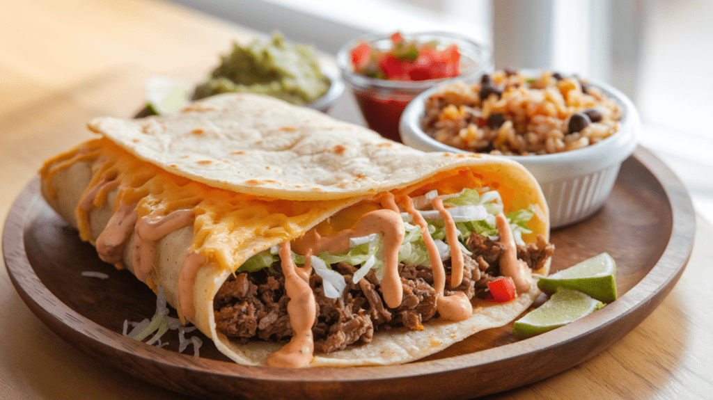 A flat lay of ingredients for a Cheesy Bean and Rice Burrito, including cooked rice, refried beans, shredded cheddar cheese, flour tortillas, salsa, cilantro, sour cream, and taco seasoning, displayed on a rustic wooden surface with a colorful napkin and wooden spoon nearby.