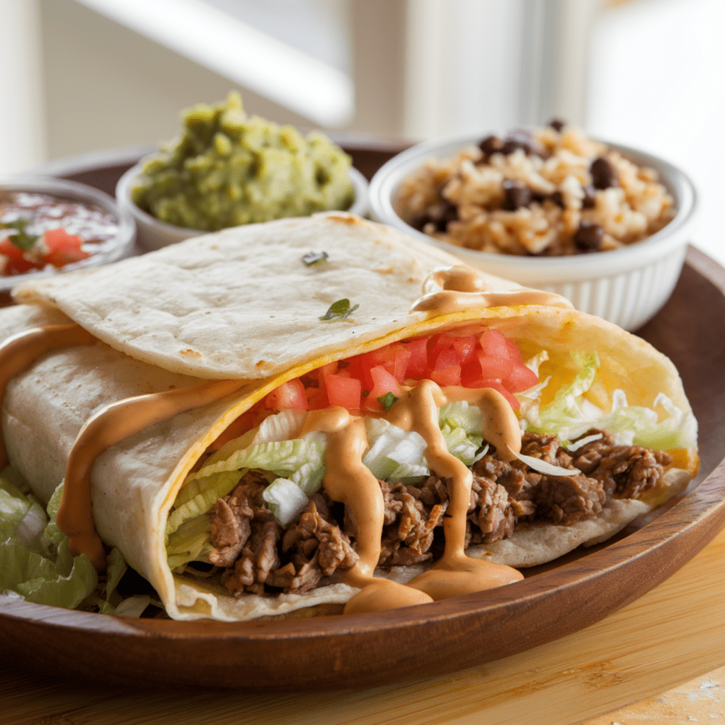 A flat lay of ingredients for a Cheesy Bean and Rice Burrito, including cooked rice, refried beans, shredded cheddar cheese, flour tortillas, salsa, cilantro, sour cream, and taco seasoning, displayed on a rustic wooden surface with a colorful napkin and wooden spoon nearby.