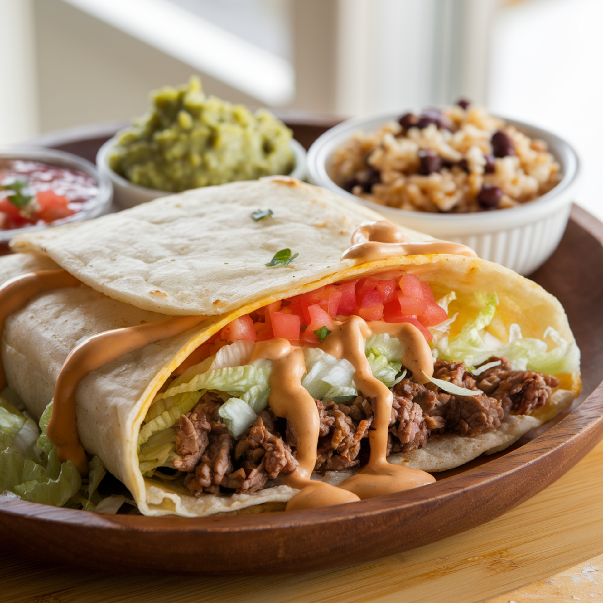 A flat lay of ingredients for a Cheesy Bean and Rice Burrito, including cooked rice, refried beans, shredded cheddar cheese, flour tortillas, salsa, cilantro, sour cream, and taco seasoning, displayed on a rustic wooden surface with a colorful napkin and wooden spoon nearby.