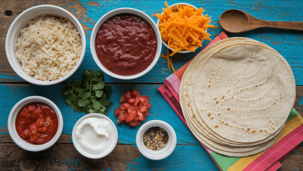 A flat lay of ingredients for a Cheesy Bean and Rice Burrito, including cooked rice, refried beans, shredded cheddar cheese, flour tortillas, salsa, cilantro, sour cream, and taco seasoning, displayed on a rustic wooden surface with a colorful napkin and wooden spoon nearby.