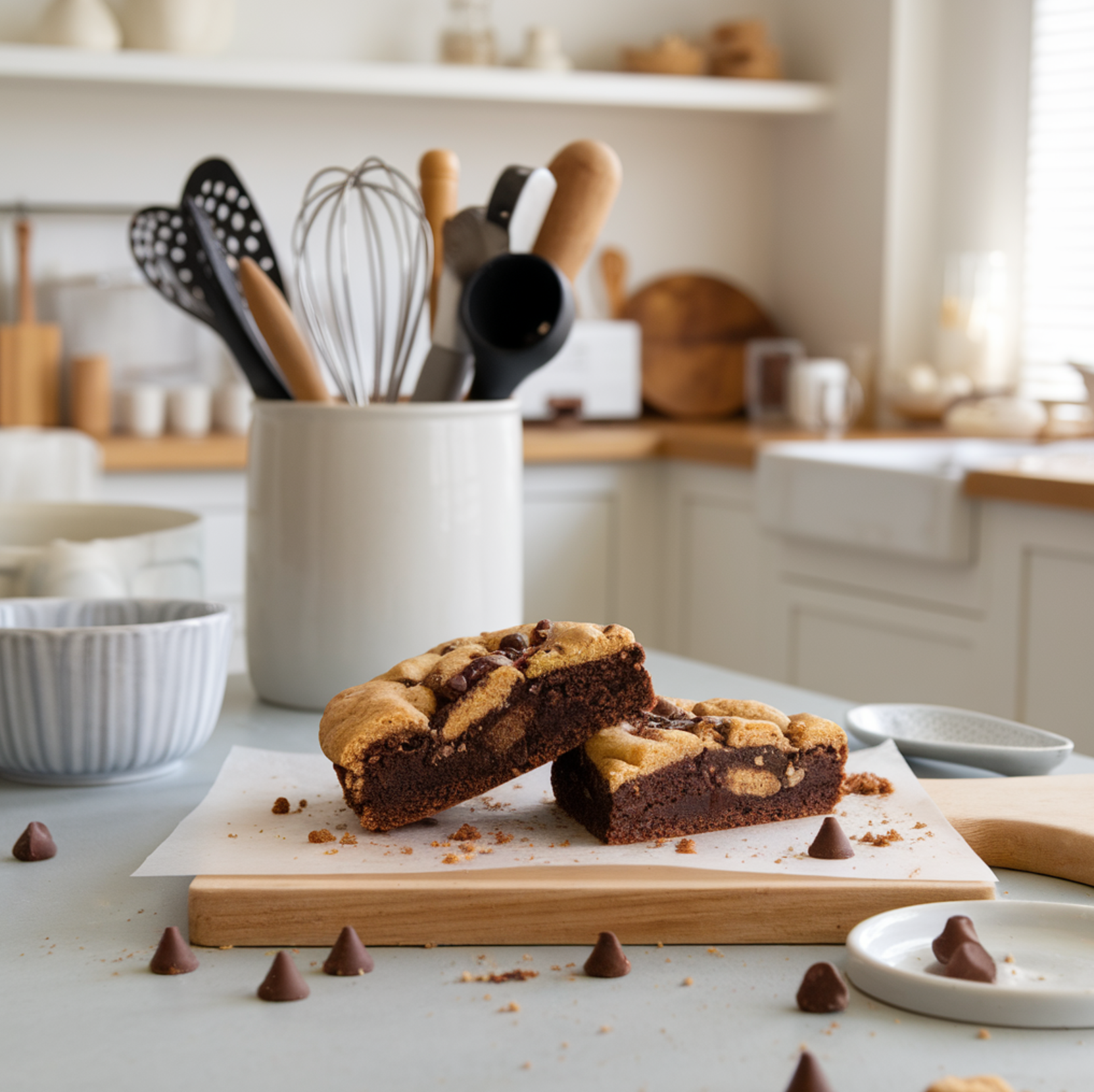 An assortment of ingredients for a Brookie recipe, including butter, sugar, eggs, flour, cocoa powder, and chocolate chips, neatly arranged on a kitchen counter.