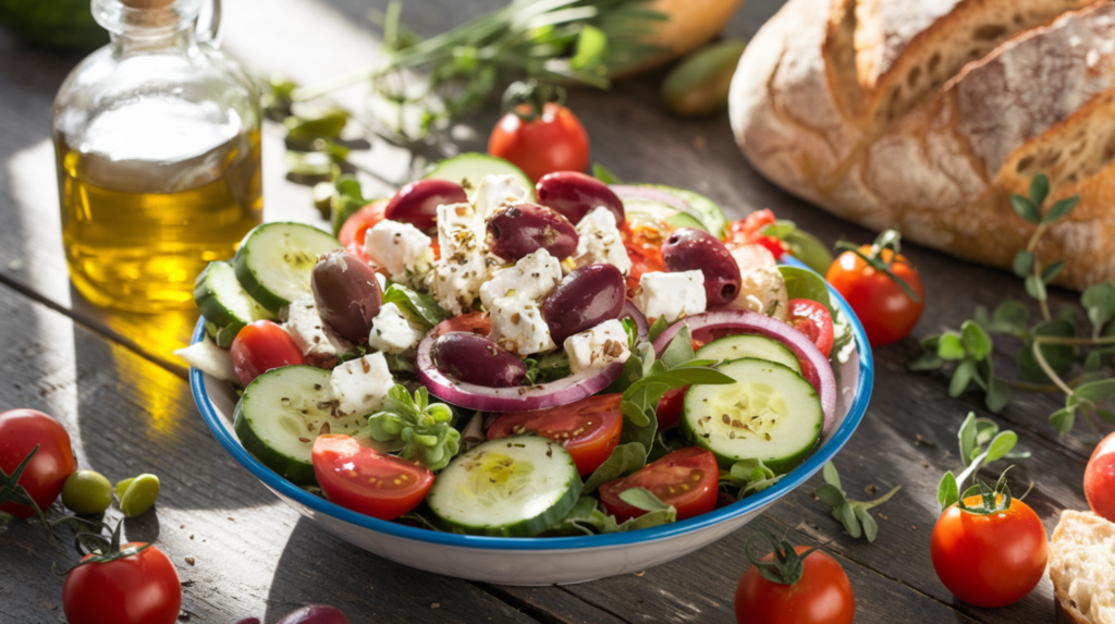 Greek salad as part of easy Mediterranean diet recipes, featuring cucumbers, cherry tomatoes, olives, feta, and olive oil, displayed on a rustic wooden table