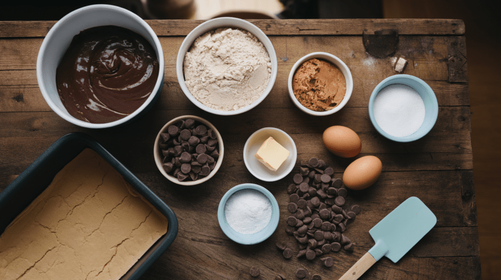 A flat lay of ingredients for a Brookie recipe, including bowls of brownie batter and cookie dough, semi-sweet chocolate chips, flour, sugars, butter, eggs, vanilla extract, cocoa powder, baking powder, and salt, arranged on a rustic wooden surface with a baking dish and spatula nearby.