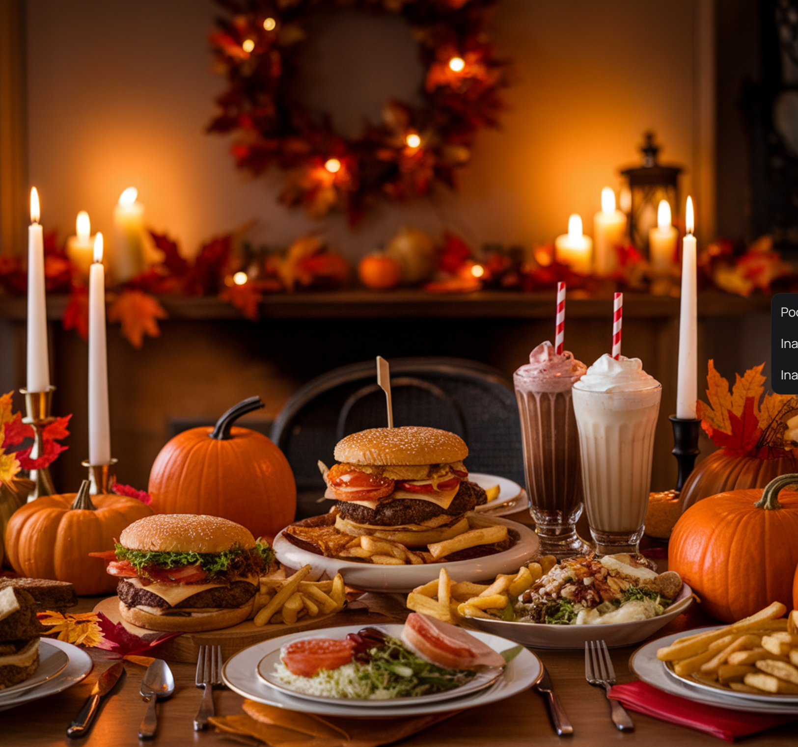 Thanksgiving table decorated with autumn leaves, small pumpkins, and warm lighting, featuring a variety of fast food items like burgers, fried chicken, wraps, and salads, creatively arranged to resemble a festive feast.