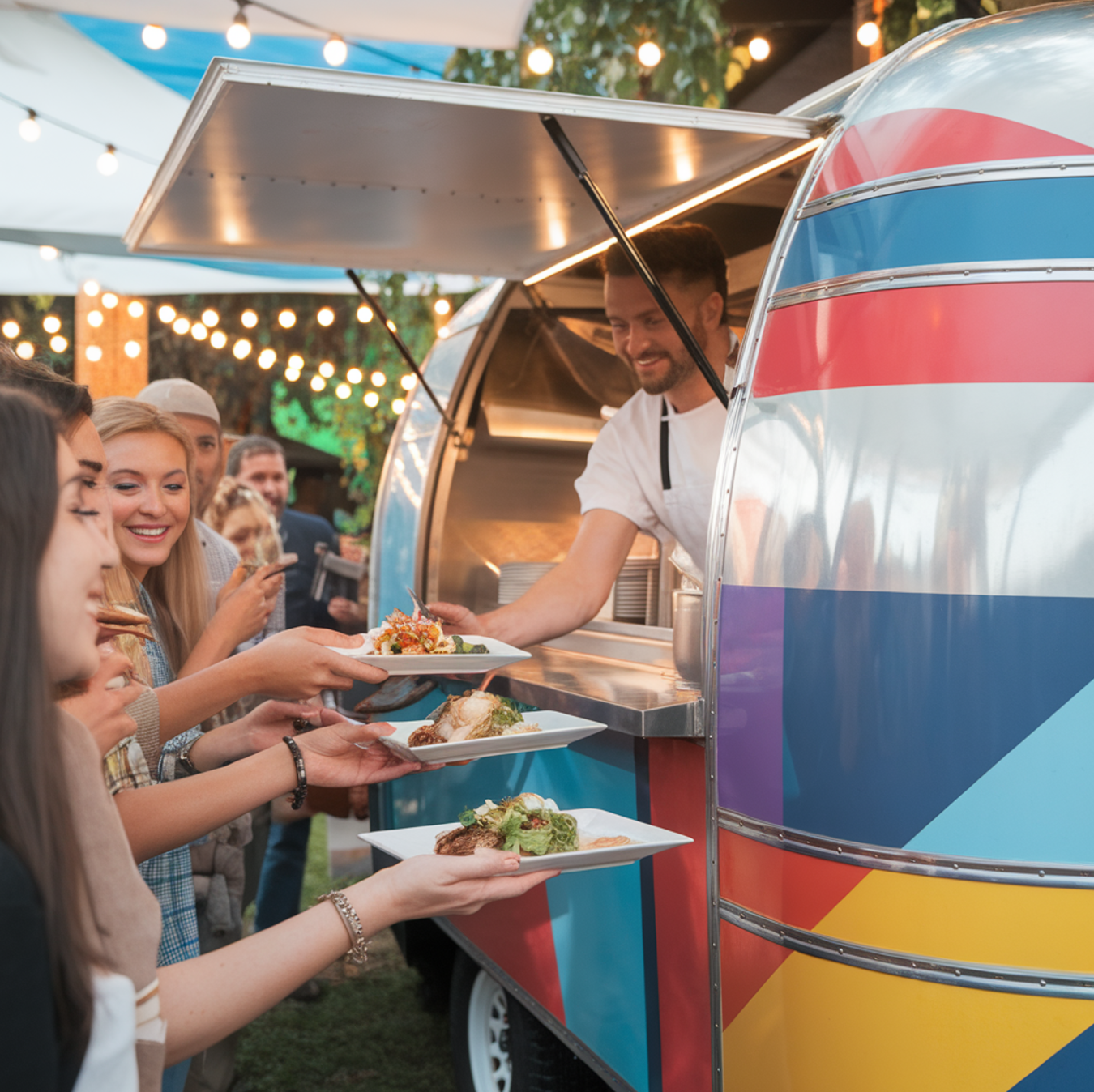 A vibrant food trailer with a colorful exterior at an outdoor market, featuring a chef handing gourmet dishes to smiling customers. The scene includes string lights, greenery, and a welcoming atmosphere.