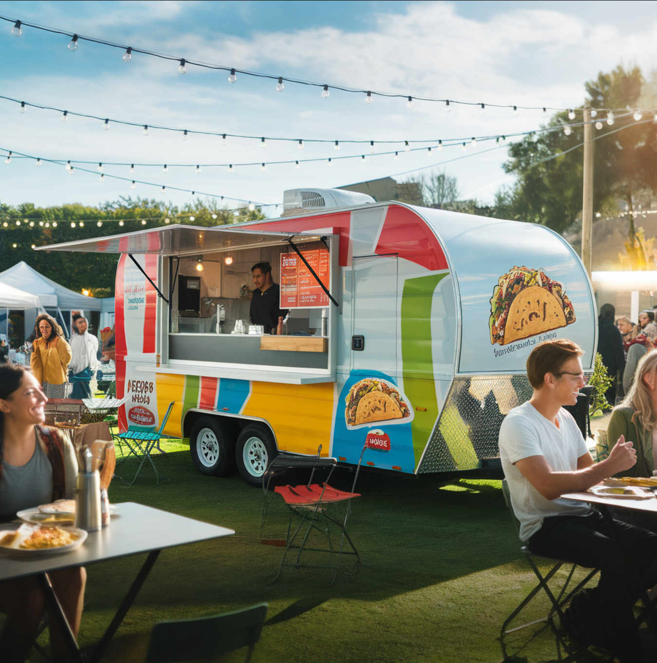 A vibrant taco-themed food trailer parked at a busy outdoor market, featuring bold colors, a large service window, and creative branding. Happy customers are gathered around, with string lights, tables, and a festive market atmosphere in the background.