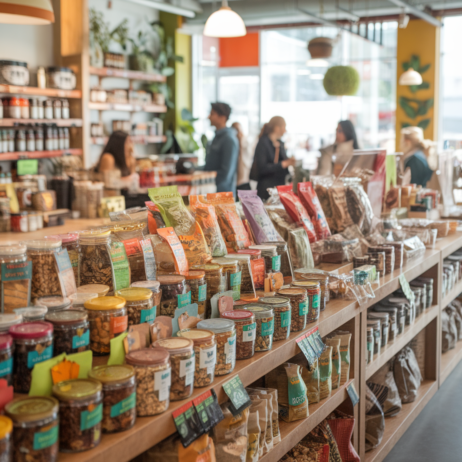 A vibrant health food store interior filled with jars and bags of trail mix ingredients, such as nuts, seeds, and dried fruits. Shelves are well-organized with colorful labels, and customers are seen browsing in a bright, inviting atmosphere.