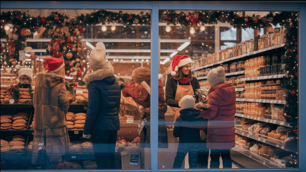 A festive grocery store interior on Christmas Eve, decorated with holiday lights, garlands, and ornaments. Shoppers in winter clothing browse shelves filled with holiday essentials, while a cheerful cashier in a Santa hat assists a family at checkout. Snow falls gently outside, visible through large glass windows, creating a cozy and magical holiday atmosphere.