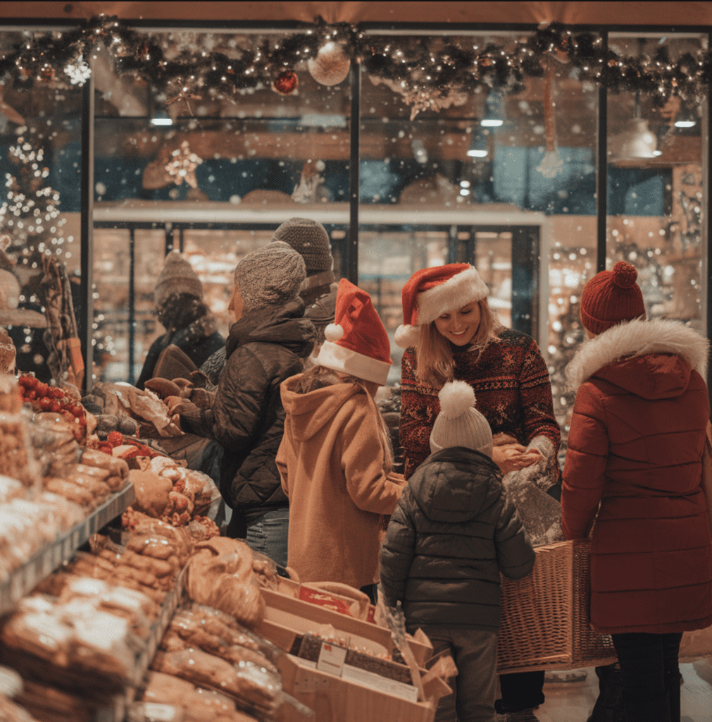 A festive grocery store interior on Christmas Eve, decorated with holiday lights, garlands, and ornaments. Shoppers in winter clothing browse shelves filled with holiday essentials, while a cheerful cashier in a Santa hat assists a family at checkout. Snow falls gently outside, visible through large glass windows, creating a cozy and magical holiday atmosphere.,Is Key Food Open on Christmas Day Near Me?