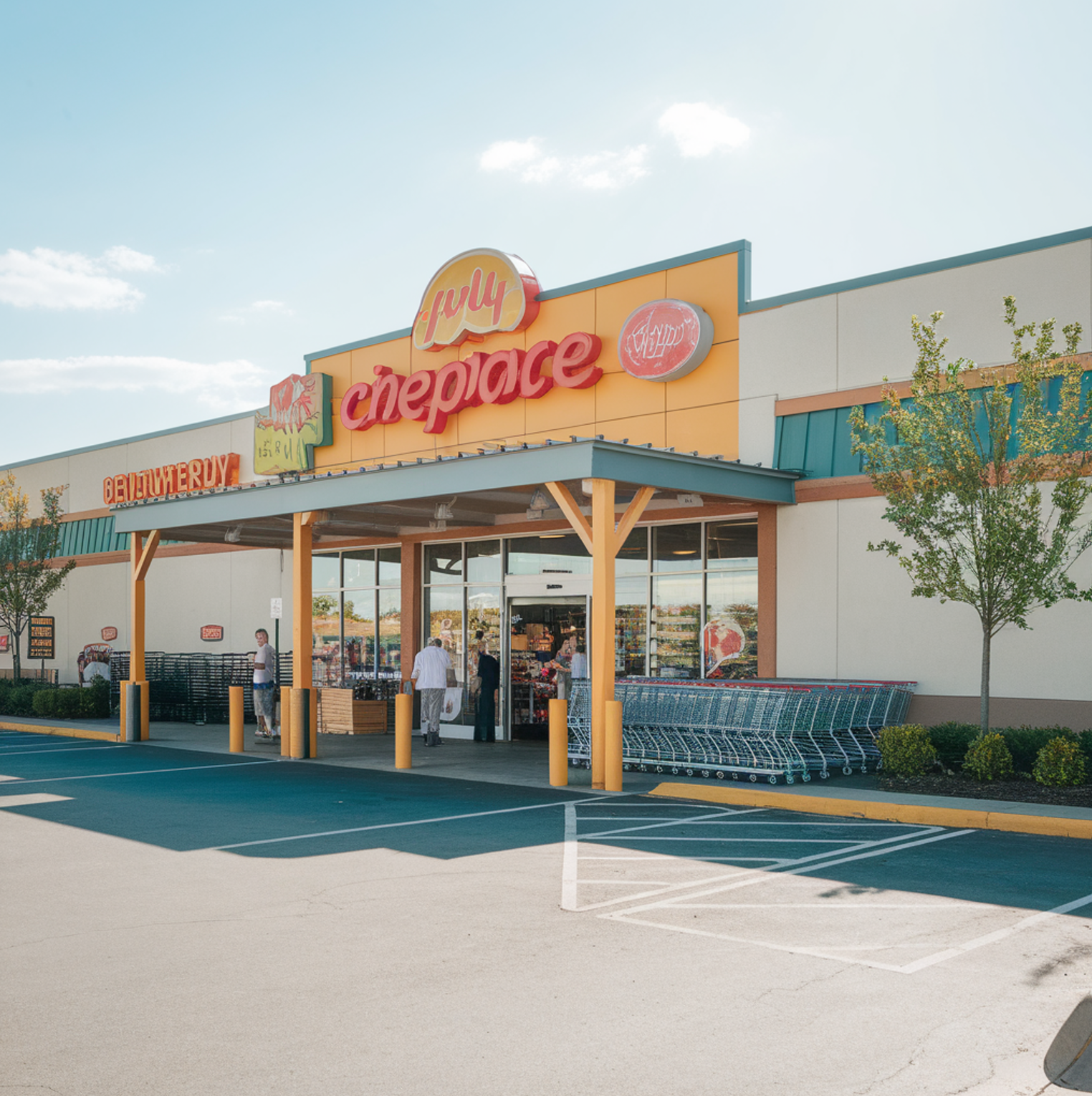 Exterior view of a vibrant grocery store on a sunny day, with customers entering and exiting, shopping carts neatly arranged near the entrance, and greenery enhancing the welcoming atmosphere , key food near me