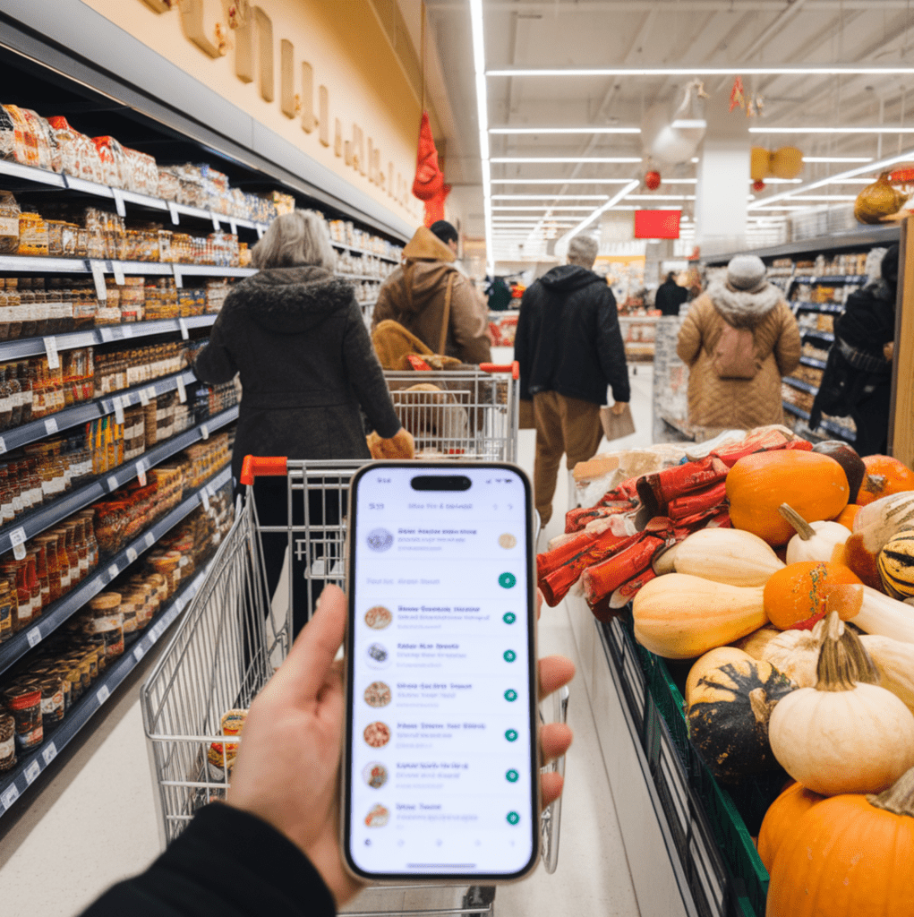 Shoppers browsing a Key Food supermarket aisle filled with international spices, sauces, snacks, and fresh seasonal produce, with a digital shopping list visible on a phone in the foreground and festive decorations overhead, what time does key food near me open, what time does key food near me open