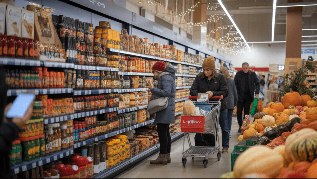 Shoppers browsing a Key Food supermarket aisle filled with international spices, sauces, snacks, and fresh seasonal produce, with a digital shopping list visible on a phone in the foreground and festive decorations overhead, what time does key food near me open