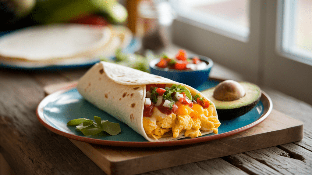 A breakfast burrito filled with scrambled eggs, melted cheese, and fresh salsa, served on a rustic wooden table with a side of sliced avocado and a small bowl of salsa. The background features a sunny kitchen with fresh vegetables and spices, creating a warm and inviting atmosphere.what time does key food near me open