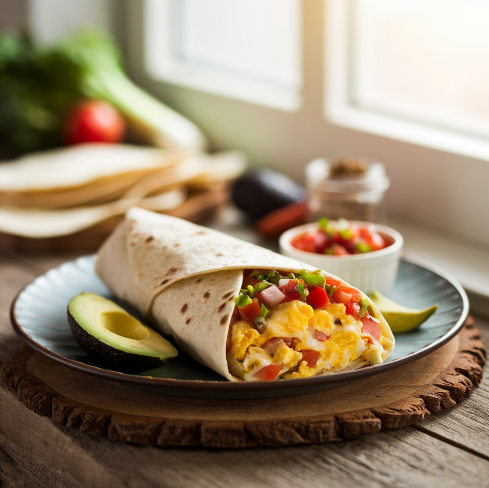 A breakfast burrito filled with scrambled eggs, melted cheese, and fresh salsa, served on a rustic wooden table with a side of sliced avocado and a small bowl of salsa. The background features a sunny kitchen with fresh vegetables and spices, creating a warm and inviting atmosphere, what time does key food near me open