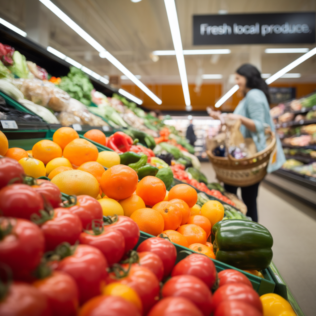 A vibrant aisle in a Key Food store featuring fresh produce, including tomatoes, oranges, and green bell peppers, with a shopper browsing the shelves under a 'Fresh Local Produce' sign.when does key food close near mewhen does key food close near me