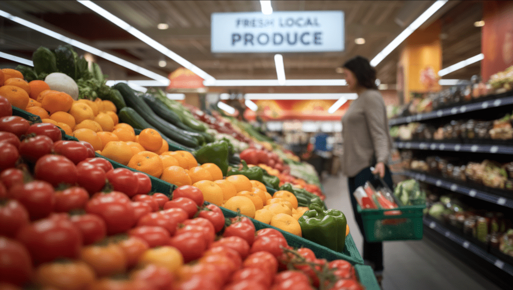 A vibrant aisle in a Key Food store featuring fresh produce, including tomatoes, oranges, and green bell peppers, with a shopper browsing the shelves under a 'Fresh Local Produce' sign. when does key food close near me