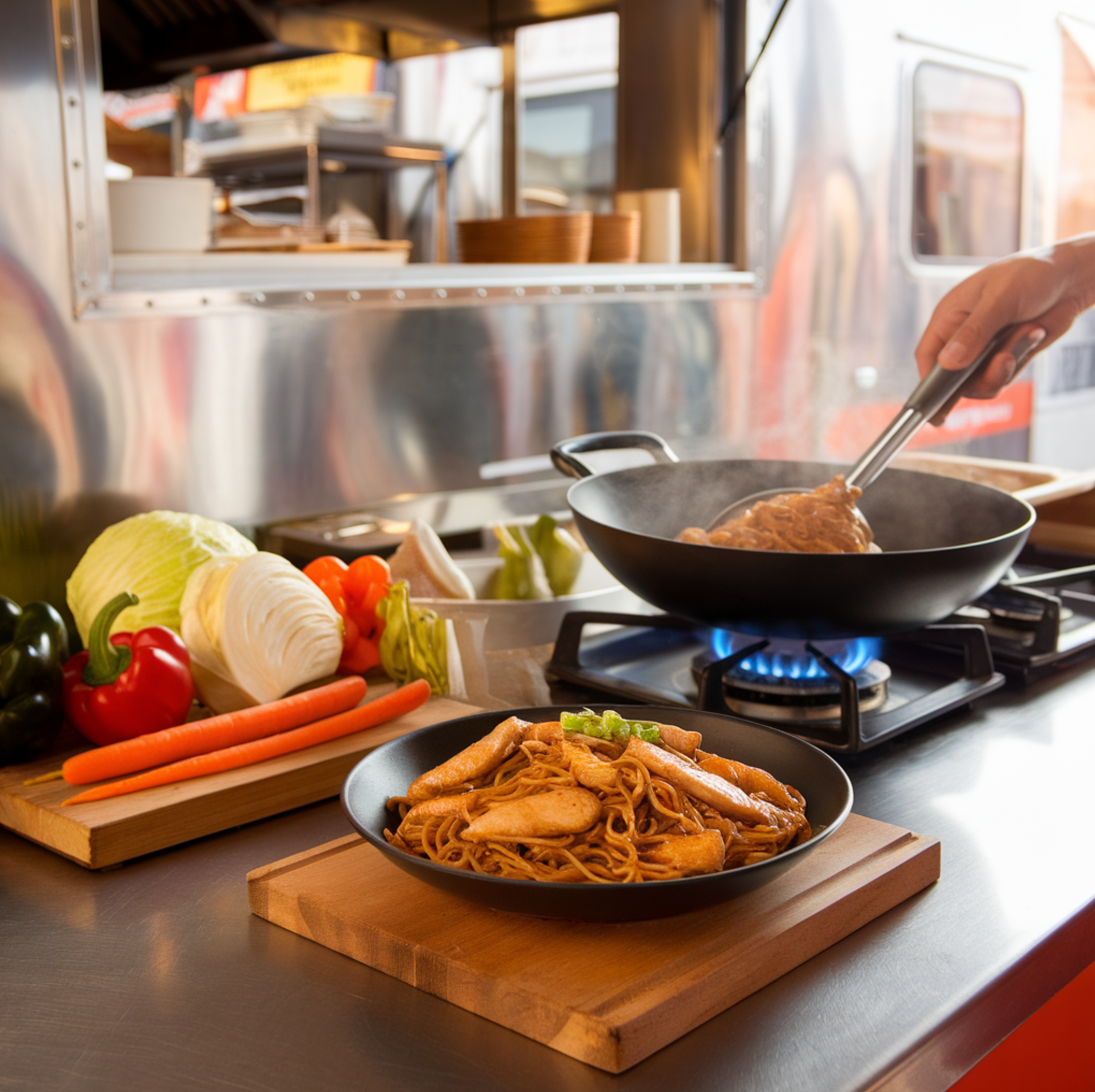 A steaming bowl of Chicken Chow Mein with fresh vegetables and sesame seeds.