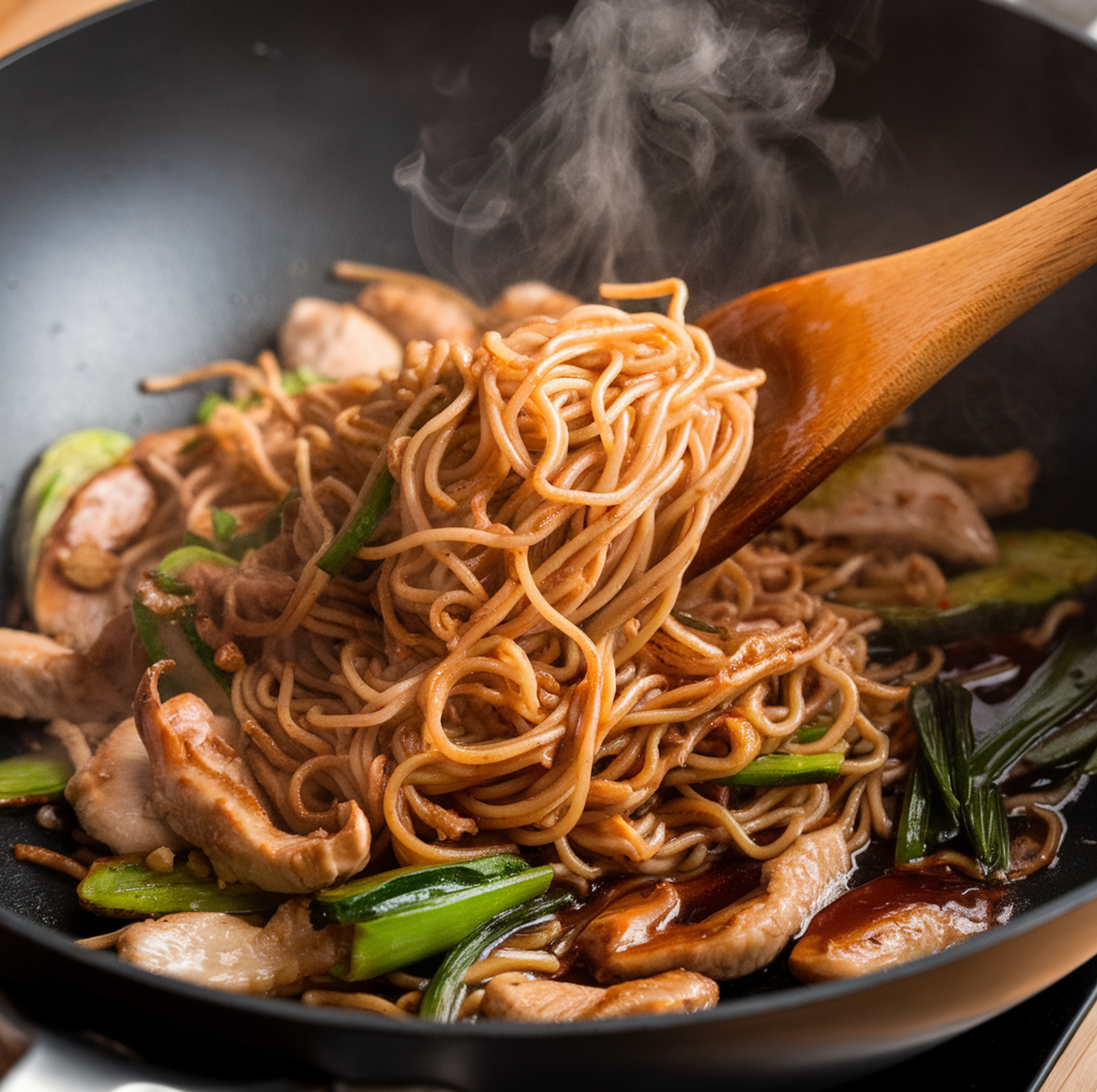 A beautifully plated chicken chow mein dish served in a white ceramic bowl, surrounded by chopsticks, soy sauce, and fresh garnishes on a rustic wooden table.